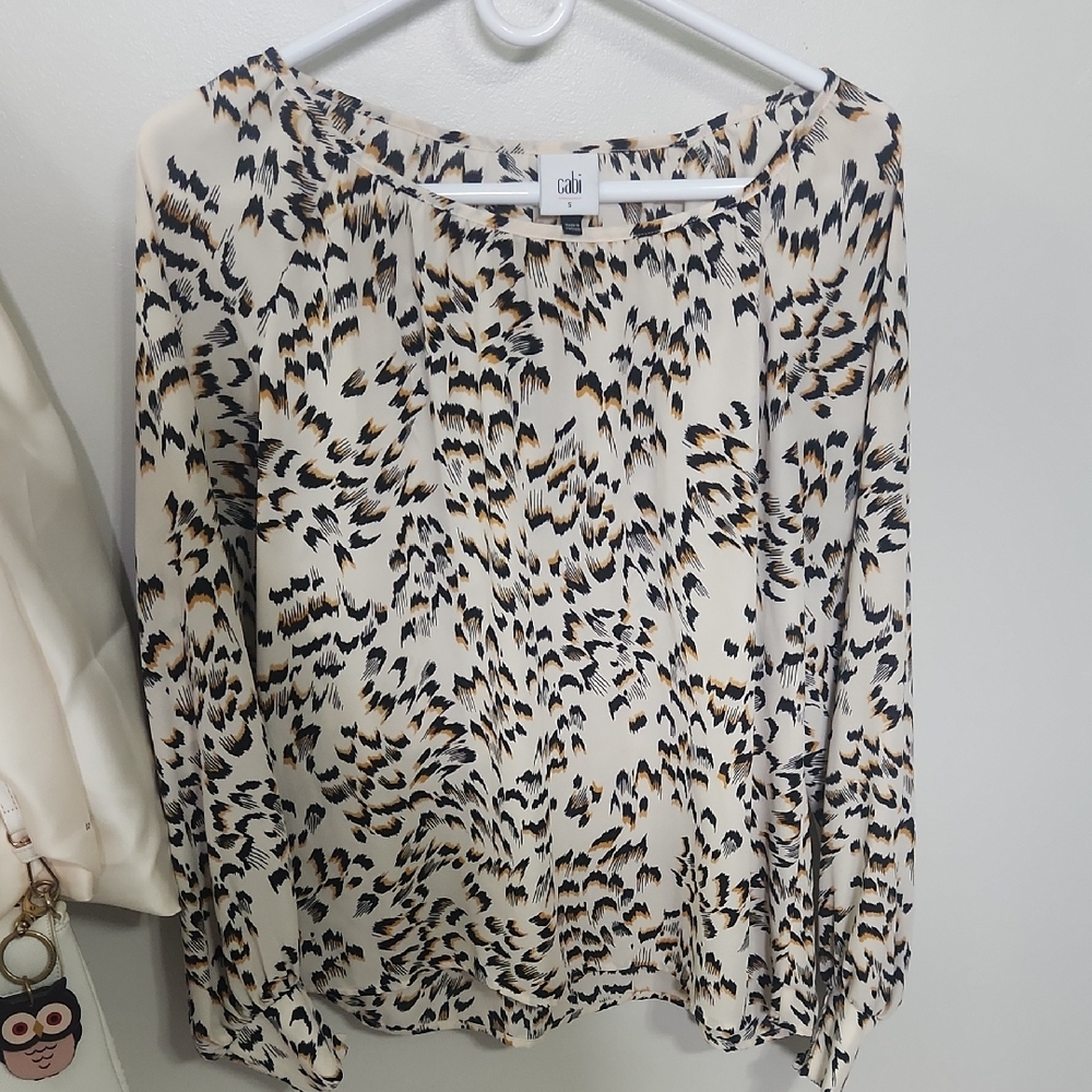 CAbi Cream Animal-Print Long Sleeve Blouse with Black and Tan Spots